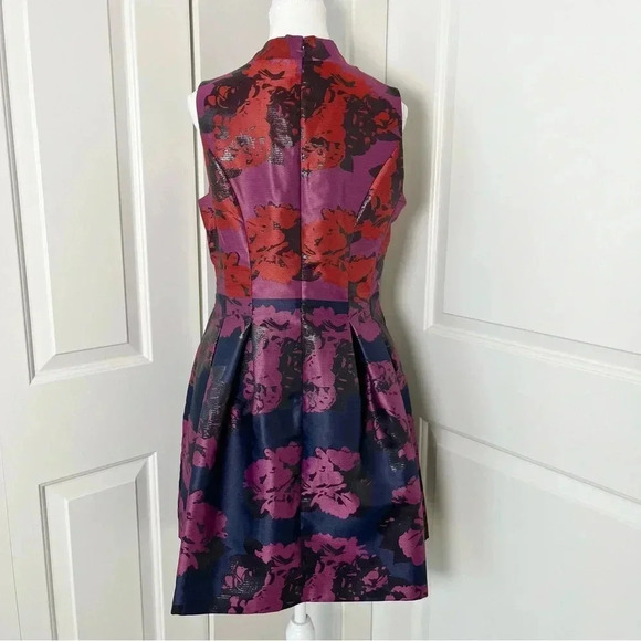 Vince Camuto  Metallic Jacquard Roses Fit & Flare Party Dress Red Purple Size 10 - Picture 6 of 15